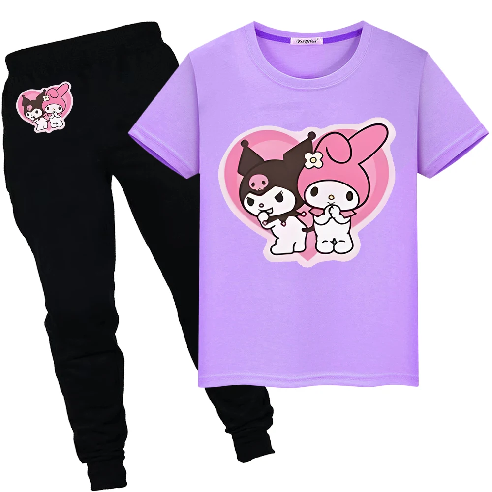 Kulomi Melody 프린트 남녀공용 귀여운 티셔츠, 스포츠 세트, 산리오 반바지, 귀여운 상의, 어린이 부티크 의류, 100% 코튼