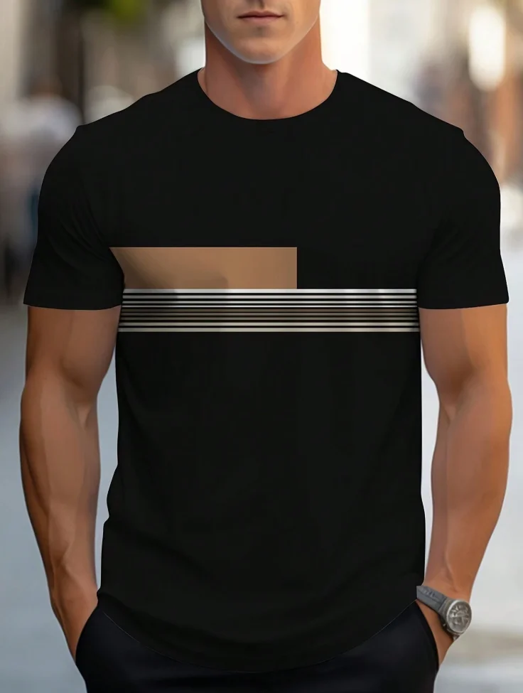 

Summer Men's Striped T-Shirt - Breathable Short Sleeve, Perfect for Warm Weather, Outdoor Breathable Daily Casual Wear T-Shirt