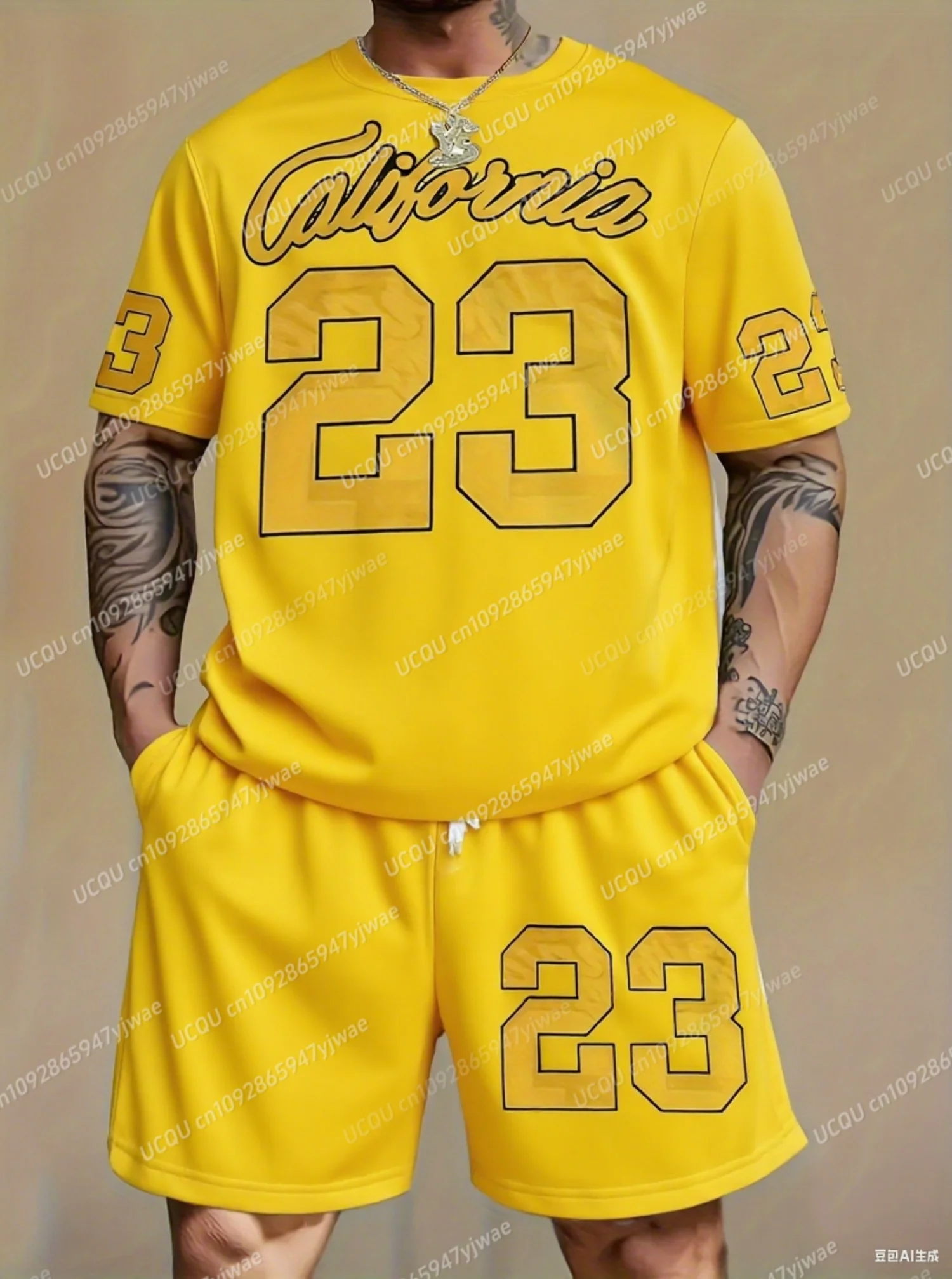 2025 Summer NO.23 California Print Men's Tracksuit 2 Pieces Set Casual Sport T-Shirt Shorts Set Men's Jogging Men Clothes