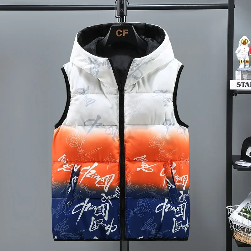 Printed Vest Coat Men Thick Warm Hooded Vest Waistcoat Sleeveless Jacket Zipper Slim Chinese Style Down Vest Outerwear