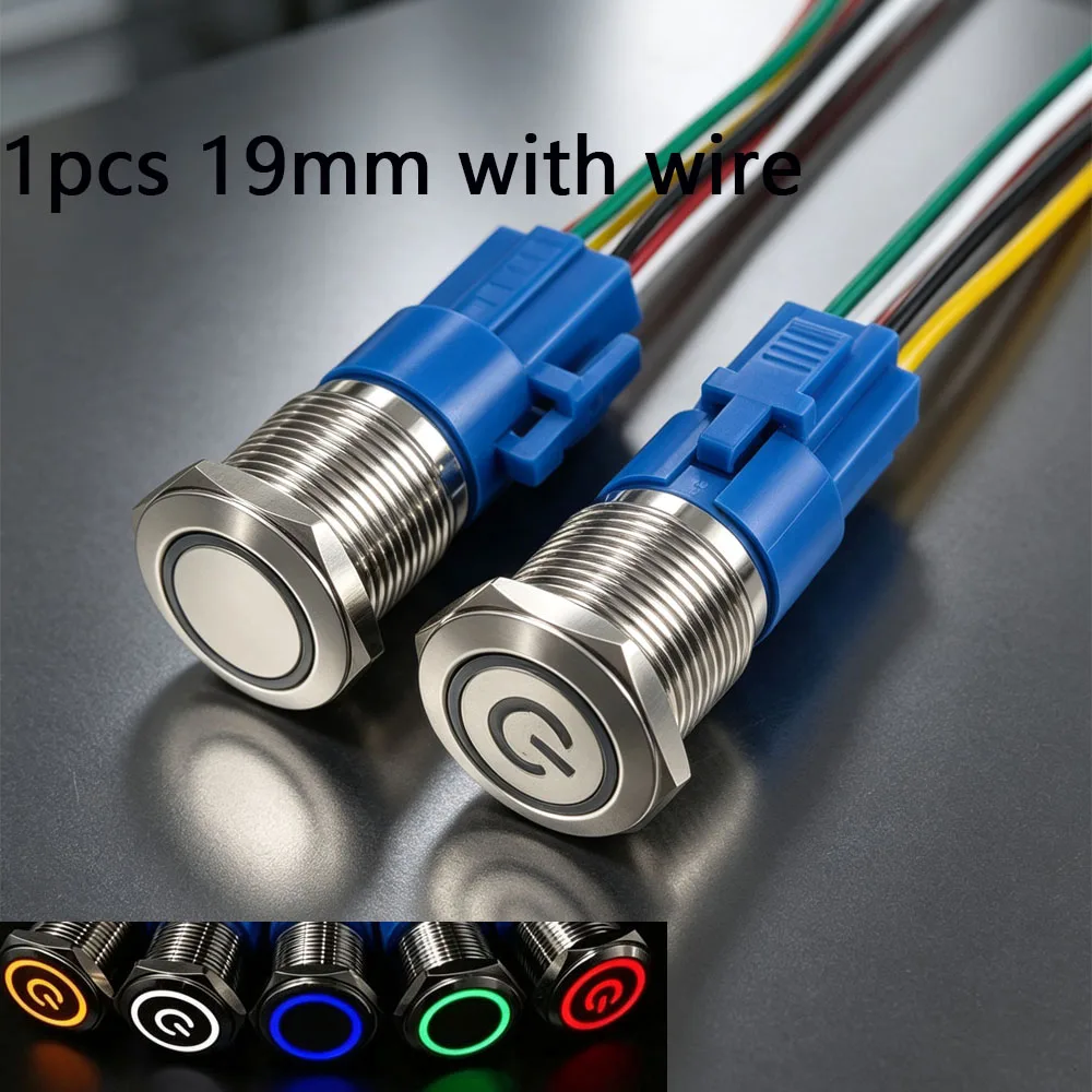 19mm Self-Locking Switch Waterproof PC Power Self Reset Button On Off LED Light Flat Head With Wire 5V 12V 24V 220V Blue Red