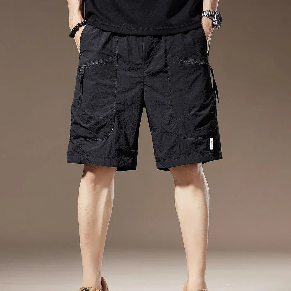 Loose Men's Cargo Shorts Elastic Waist with Zipper Long Male Short Pants Wide Solid Half Pockets Bermuda Draw String Baggy Y2k