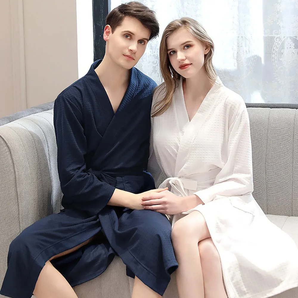 Spring Fall Waffle Couple Nightgown Men's Women's Thin Sauna Clothes Steam Night-robe Solid Sexy Absorbent Quick Drying Bathrobe