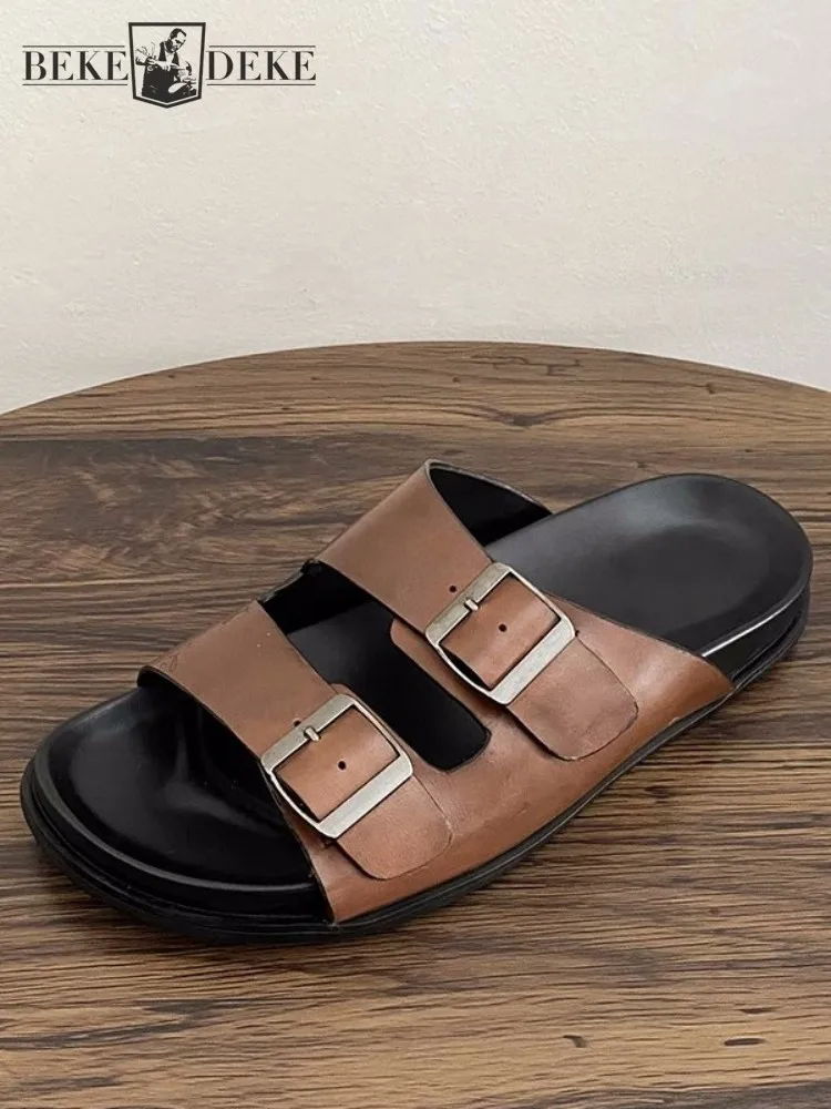 

New Summer Mens Sandals Vintage Strap Buckle Vintage Cow Genuine Leather Shoes Outside Street Casual Beach Sandals Male