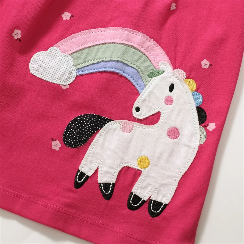 Jumping Meters 2-7 Years Summer Princess Baby Girls Dresses Horse Applique Party Birthday Kids Short Sleeve Clothing