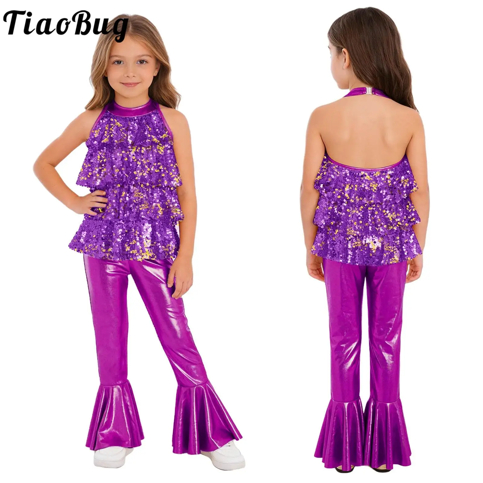 

Детский комбинезон для девочек с пайетками, многоярусными оборками, для джаза, танго, дискотеки, с лямкой через шею, без рукавов, расклешенный, цельный, для танцевальных выступлений