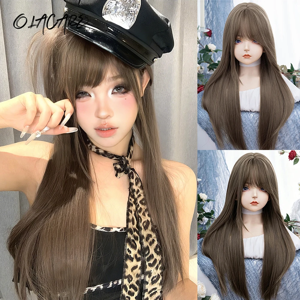 OLACARE Synthetic Long Straight Light Brown Wigs With Bang For Women Heat-Resistant Daily Use Hair Hot Sell Wholesale Wigs