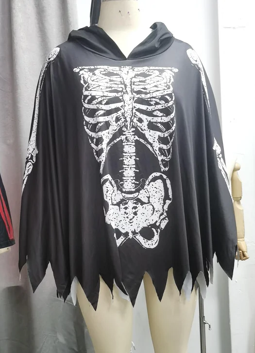 ROSEGAL Plus Size Hooded Cloak Asymmetrical Skeleton Print Jagged Hem Thin Cape Halloween Casual Sleeveless Cloaks