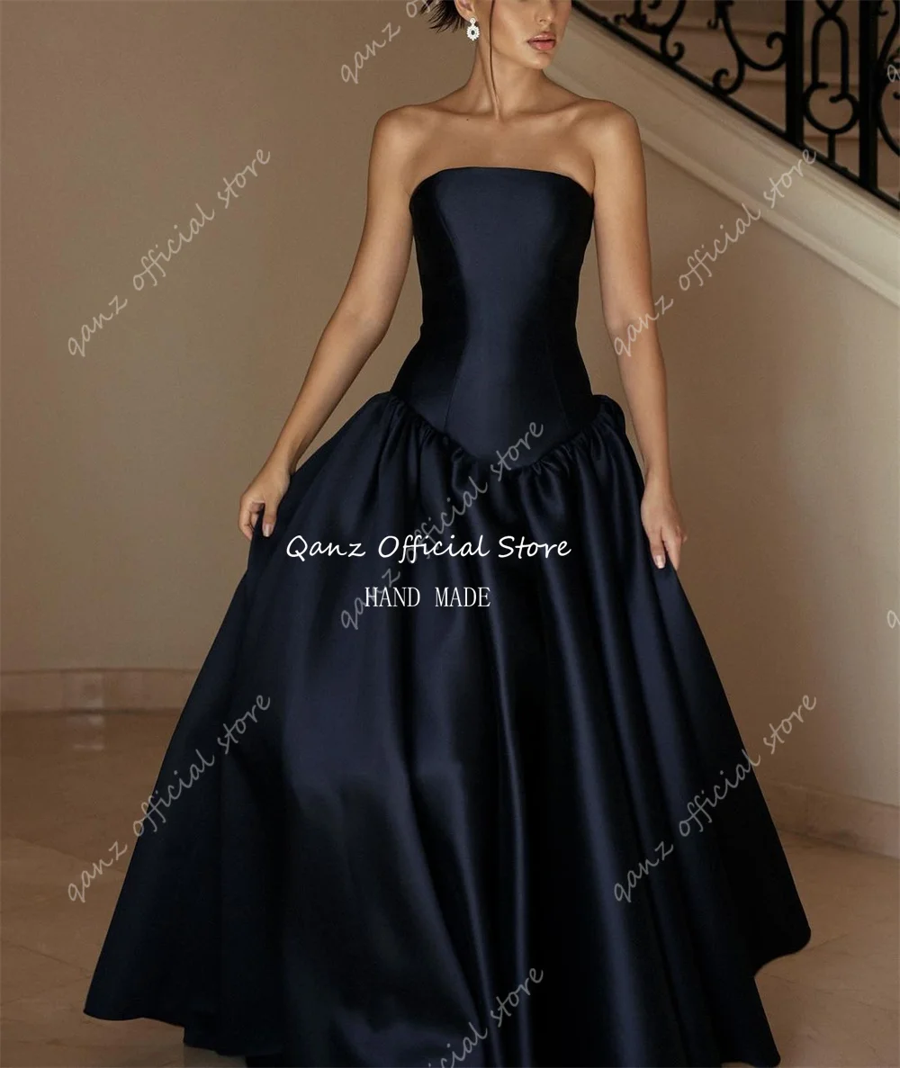 Qanz Elegant Dubai Arab Evening Dress Women Satin Customized A-line Long Formal Gowns Strapless Dark Blue Event Party Gowns 2025