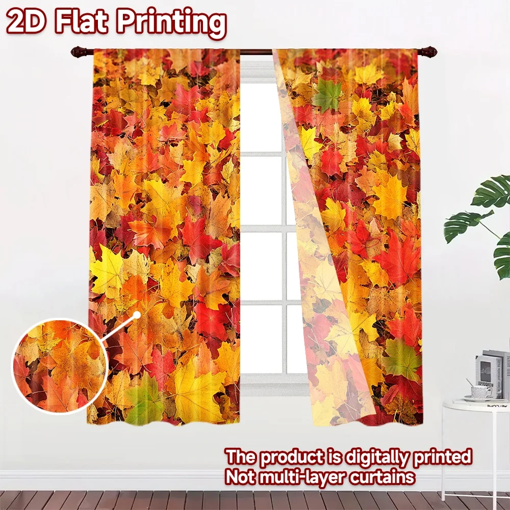 2D flat 2pcs Curtain French Romantic Style Autumn Maple Leaves Digitally printed polyester, colorfast Party & Holiday Decor