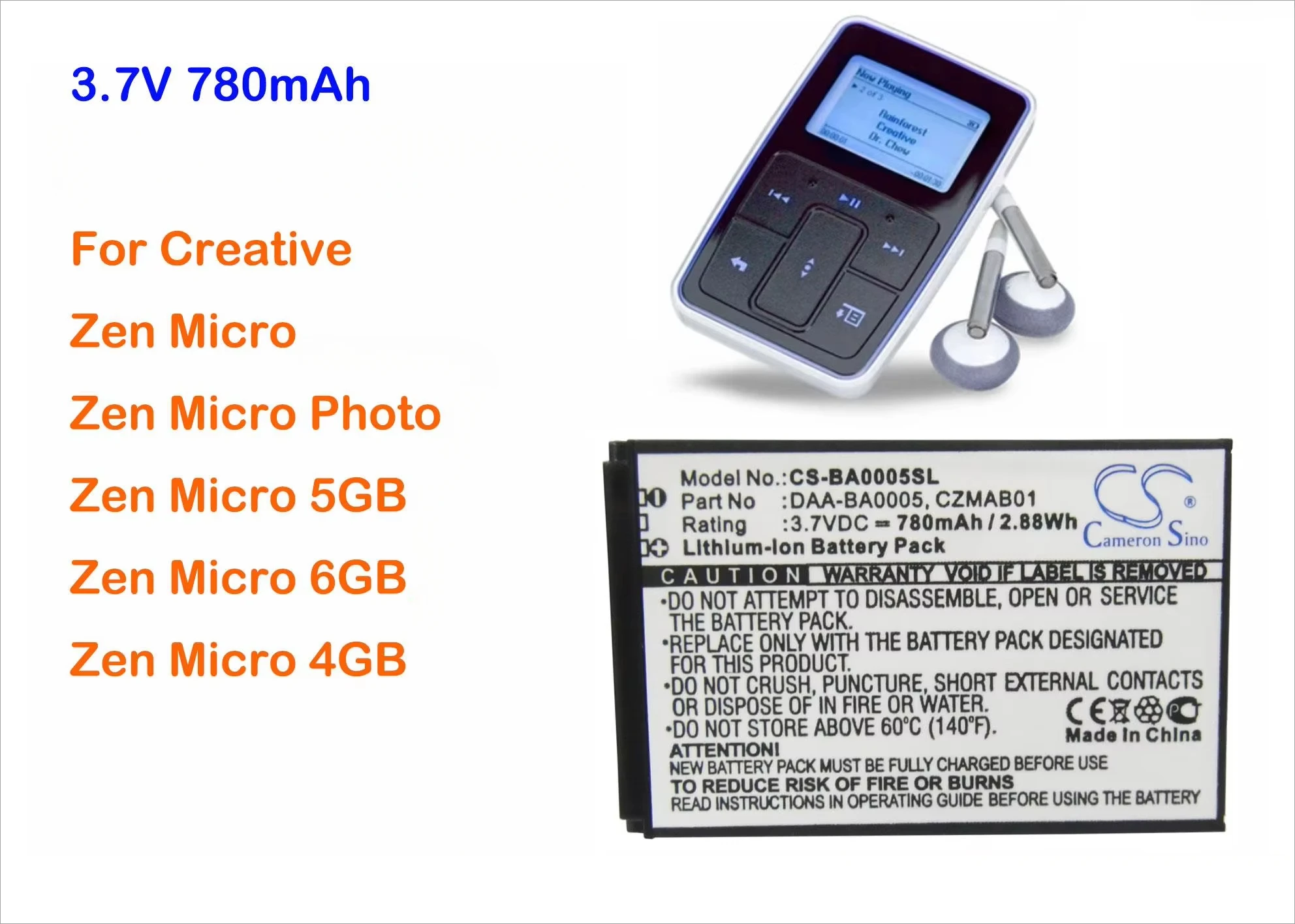 Cameron Sino 780mAh Batería para reproductor multimedia DAA-BA0005 para Creative Zen Micro, Zen Micro Photo, Zen Micro 4GB/5GB/6GB + Regalos