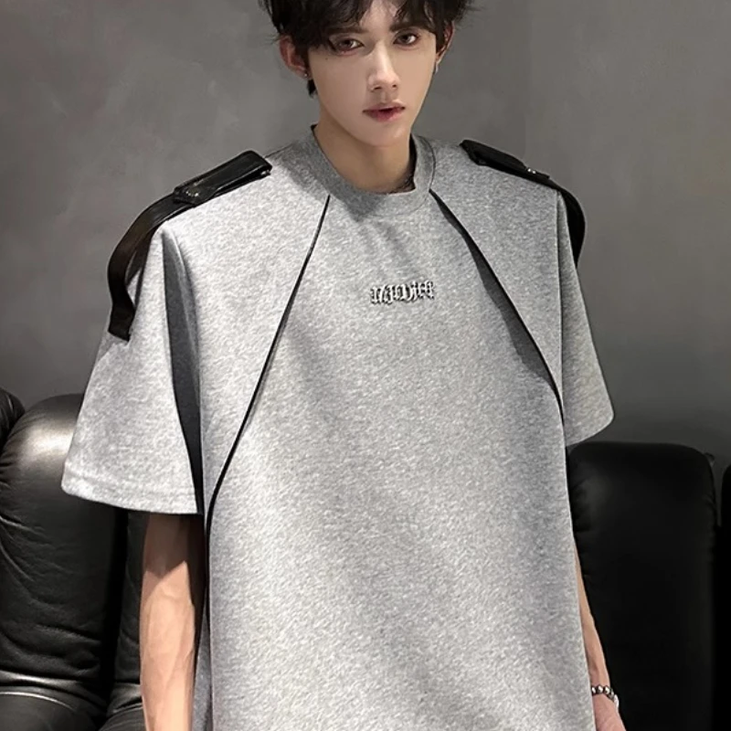 

Shoulder Pad Design American T-shirt Men Round Neck Splicing High Street Men's Short Sleeved Loose Social Hip Hop T-shirt Couple
