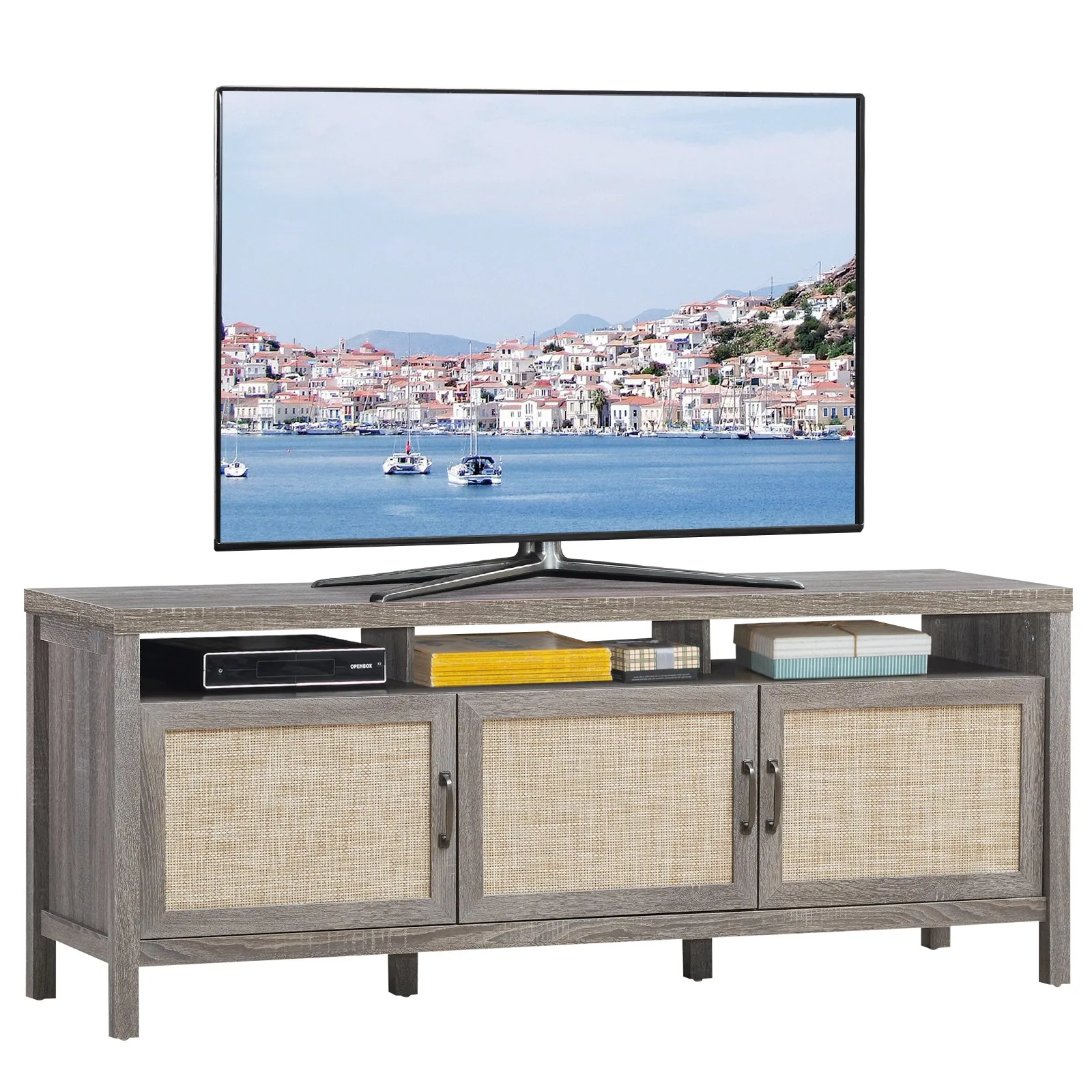 

TV Stand Entertainment Media Center for TV's up to 65" w/ Rattan Doors Grey Oak