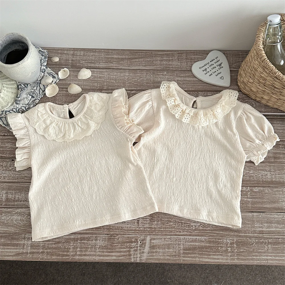 6M-2Y Summer Sweet Style Baby Girls Tee Lace Collar Flutter Sleeve Top Apricot Puff Sleeve Infant Clothes