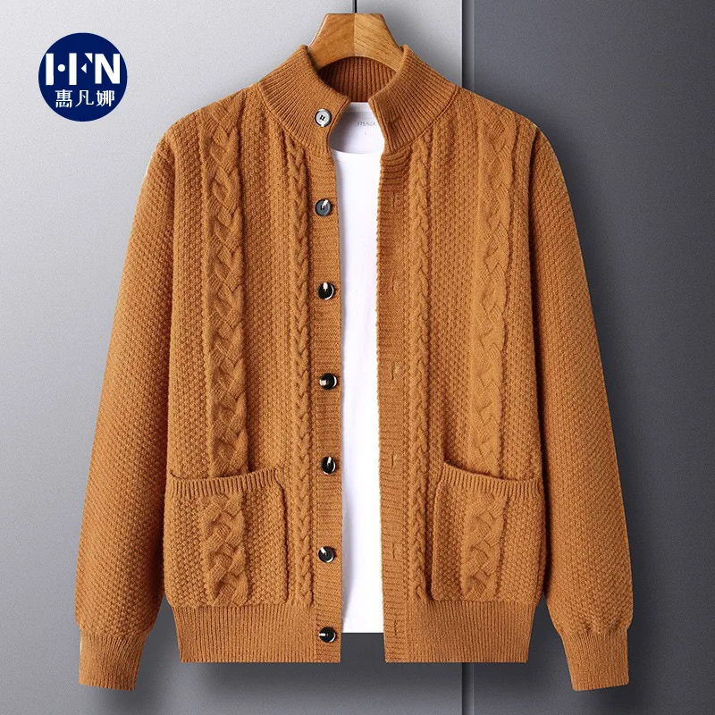 2024 Men's Autumn and Winter Thick Twist Knitwear Solid Color Jacquard Button Cardigan Sweater