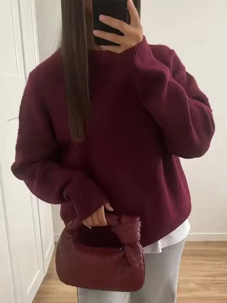 Autumn Women Fashion Burfundy Red Sweater O Neck Long Sleeves Loose Tops Female Chic Elegant Wild Woman Pullover Trendy