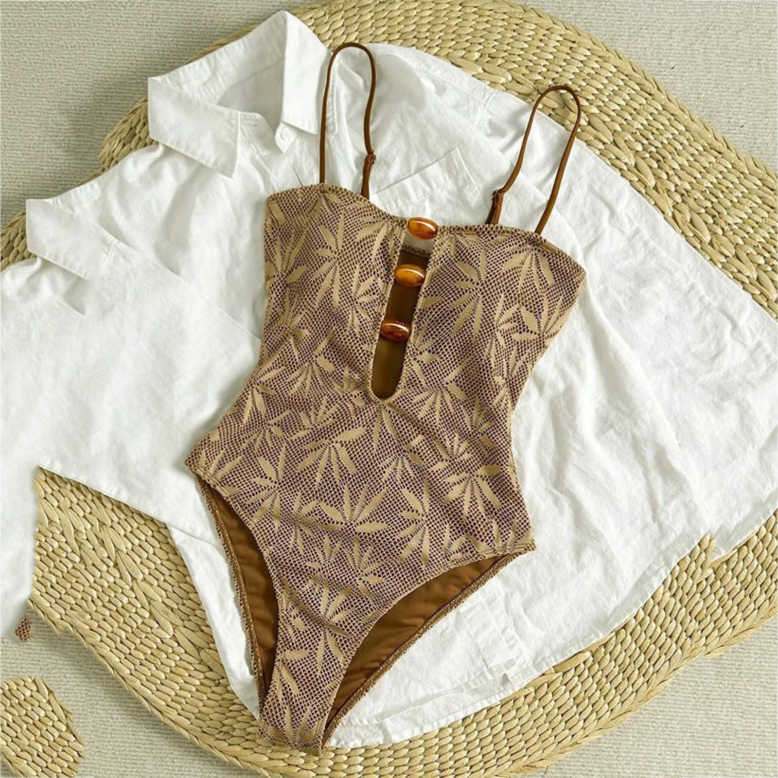 

Винтажный слитный купальник с принтом кофейных листьев 2026 года для женщин, с бисером, на завязках, с вырезами, без спинки, сетчатый, облегающий, с эффектом утяжки живота