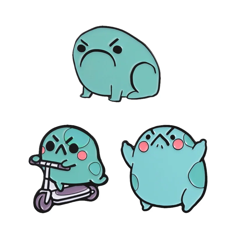 Grumpy Frog Mood Meme Enamel Pins Cartoon Angry Expression Frog Riding Scooter Brooch Decor Bag Lapel Badge Fashion Jewelry Gift