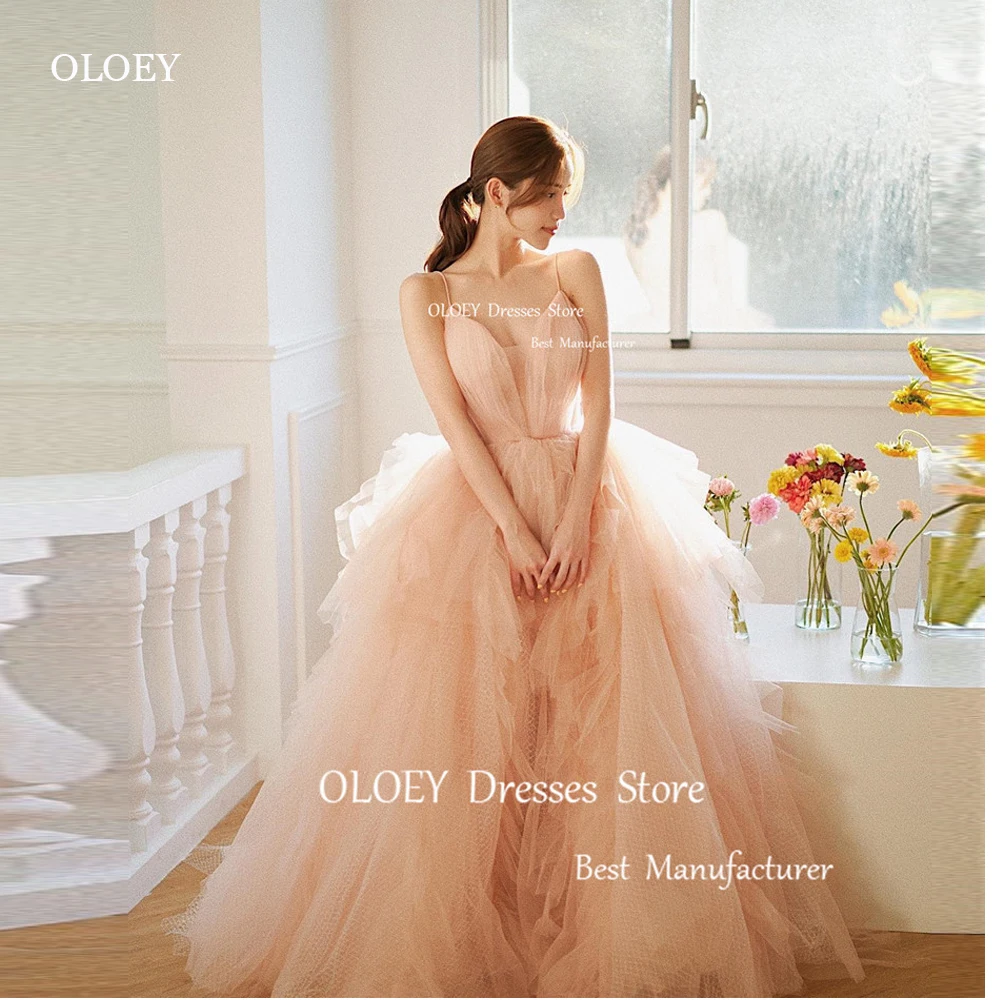 OLOEY Elegant Blush Pink Tulle Long Prom Dresses Korea Lady Spaghetti Straps Garden Evening Gowns Formal Party Dress Bride