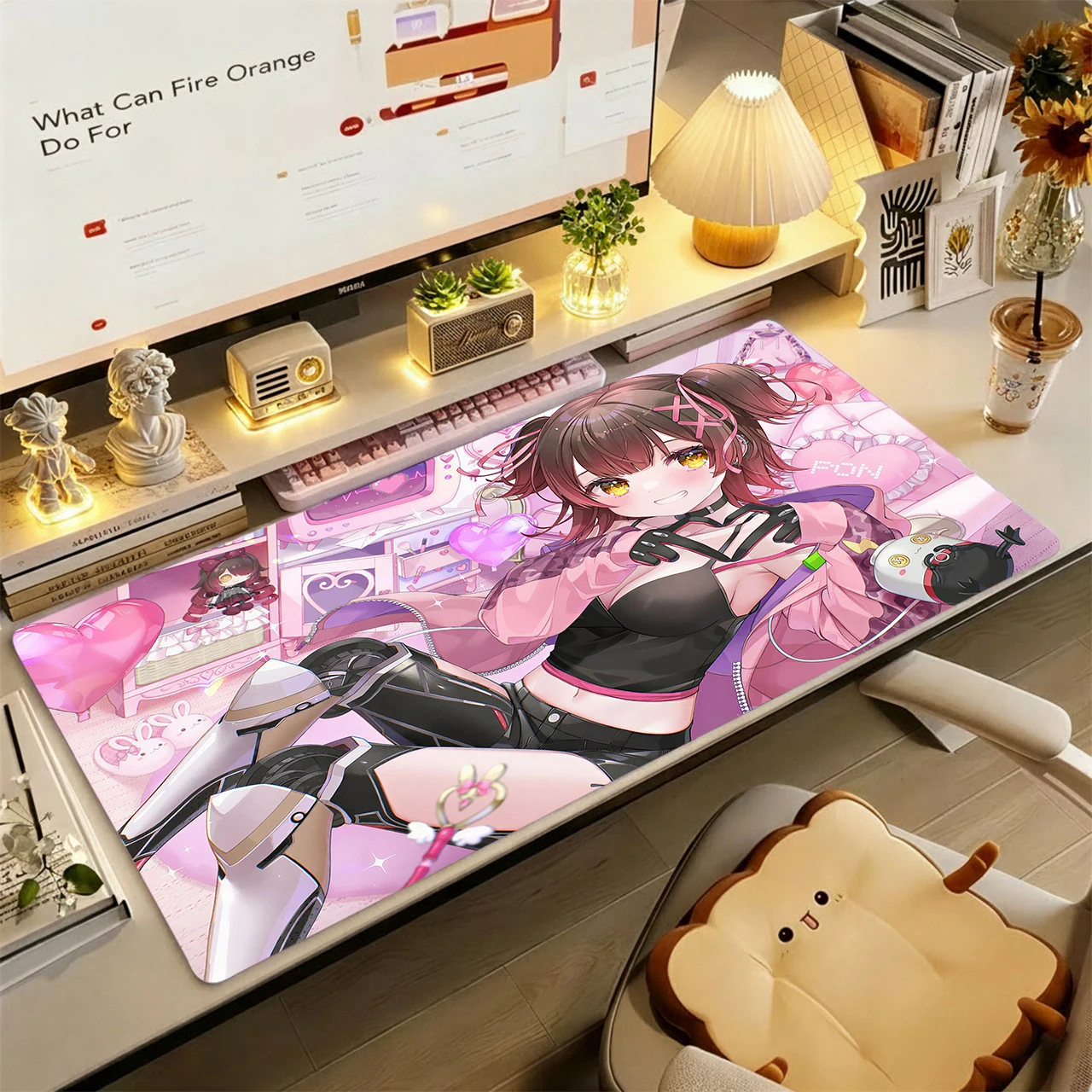 Gaming Mouse Pad,XXL Desk Mat, Anti-slip Base, Stitched Edges, Twin Dark Pink Hair Girl Mecha Heart Pink Bedroom Print Table Mat