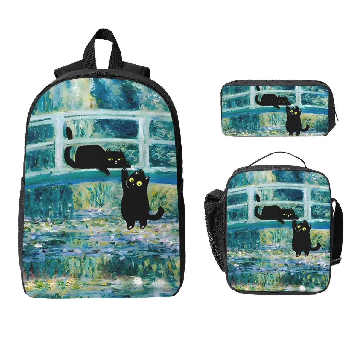 Kitten Water Lily Pond Bridge Backpack Boys Girls BookBag School Bag Computer Shoulder Bags 3ps Insulated Lunch Bag Pencil Case
