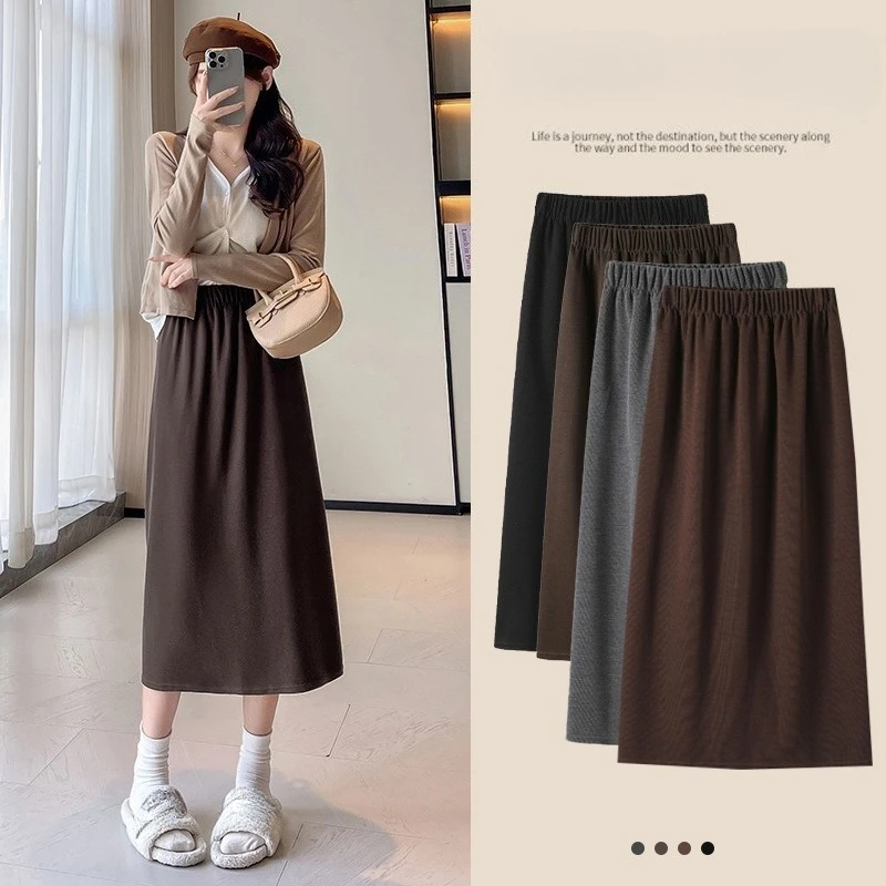 

Ribbed Knit Slim Fit Midi Skirt High Waist A Line Bodycon Skirt with Slit