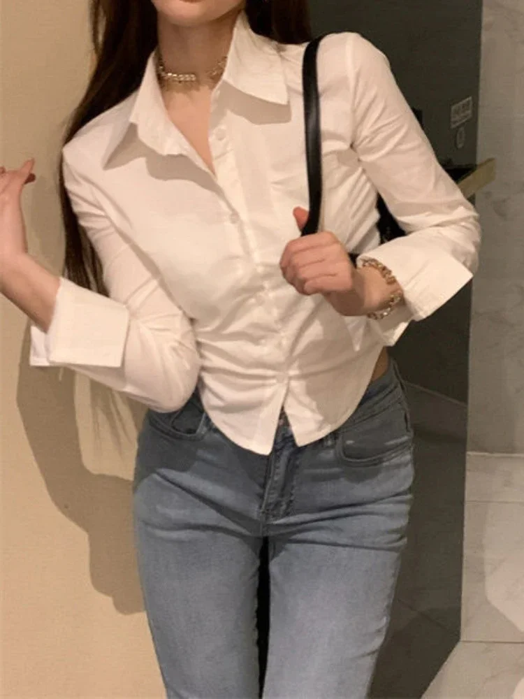 

Рубашки женские с длинным рукавом шикарные модные сексуальные однотонные Mujer De Moda Slim Folds Design Crops Одежда для офиса Леди Весна Корейский стиль