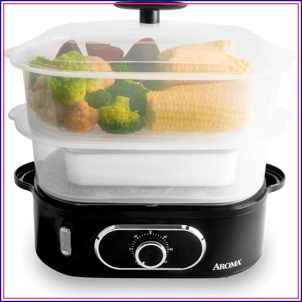 

Double Food Steamer Basket and Electric Rice Steamer with Easy-Read Water Level and Timer
