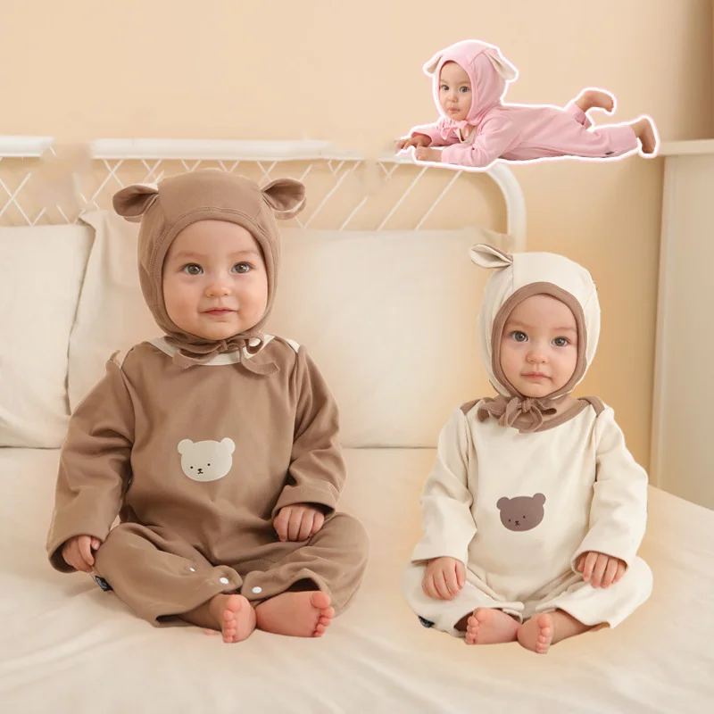 2024 Autumn Velvet Newborn Girl Rompers Cotton Rabbit Printed Long Sleeve Baby Girl Bodysuits Solid Detachable Ears Kid Girl Hat