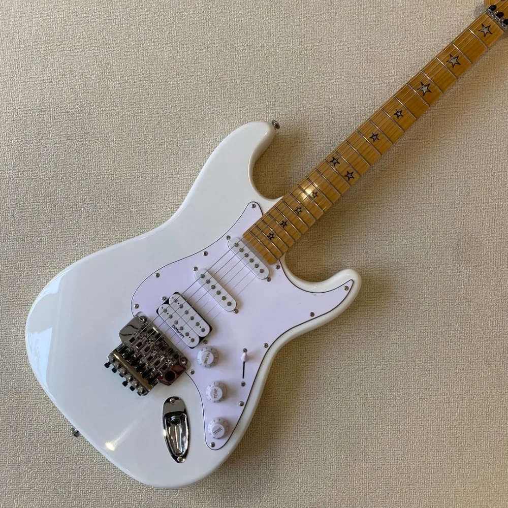 39 Inch White Electric Guitar Five-Star Fingerboard Inlays Maple Neck 6 String Fixed Bridge Self Study Practice Instrument