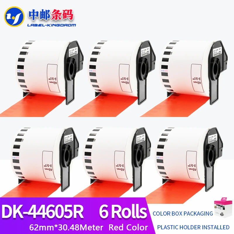 6 Rolls Generic Brother DK-44605 Label 62mm*30.48M Red Color Compatible for Brother QL-570/700 All Includ With Plastic Holder