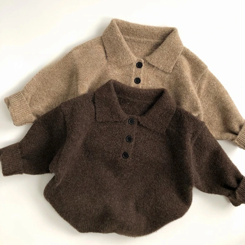 

1-6Y Autumn New Boys Clothes Kids Knit Lapel Sweater 2025 New Childrens Trendy Solid Color Loose Pullover Girls Comfort Sweaters