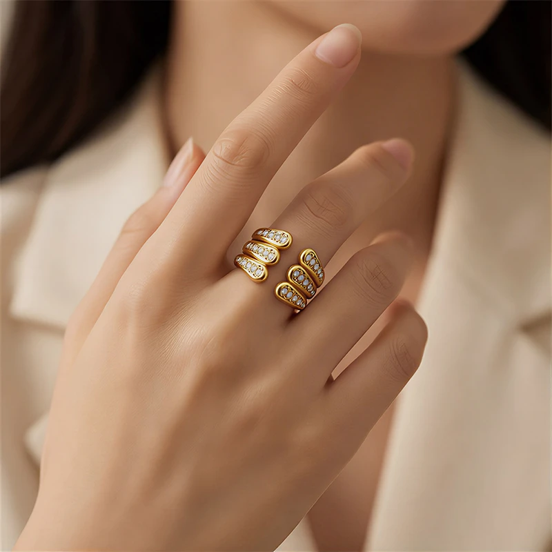 316L Stainless Steel 2026 New Fashion Waterproof Colorfast Jewelry Embed 3 Rows Zircon Women Luxury Adjustable Opening Rings