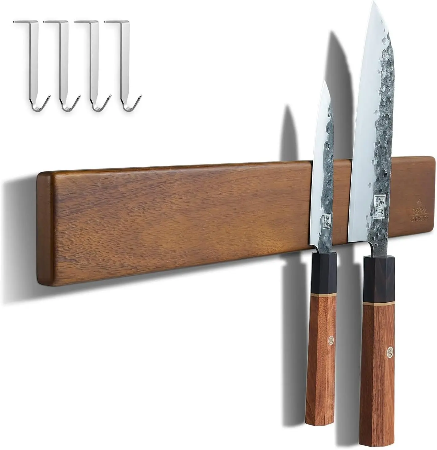 

16 Inch Acacia Wood Magnetic Knife Holder for Wall - No Drilling, 4 Hooks, Gift Box