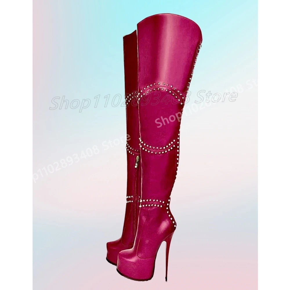 Dark Blue Crystals Rivets Over the Knee Boots Platform Stiletto High Heel Fashion 2024 Autumn Women Shoes Zapatos Para Mujere