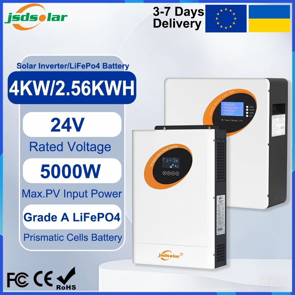 4KW ON/OFF Grid Inverter 24V 220V Hybrid-Solar-Wechselrichter Reiner Sinus MPPT 100A Solar-Ladesystem Leistung 5000W BMS PV 500VDC