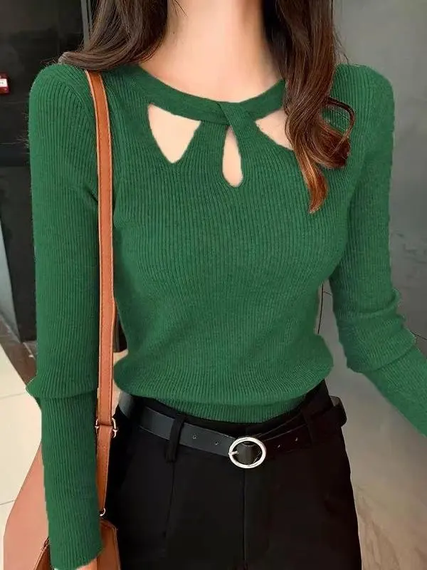 

Ladies' Premium Knitted Sweater Hollow out ort round Ne Base Layer Top Faionable Spring Autumn Winter Commute Sle