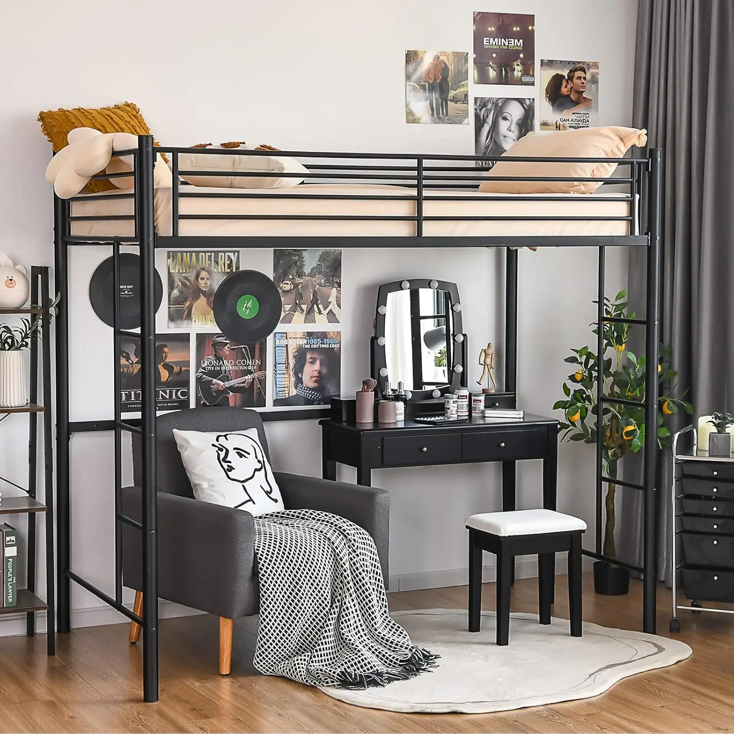 Black Metal Twin Size Loft Bed for Kids, Teens & Adults, Heavy Duty, Space-Saving with 2 Ladders & Full-Length Guard