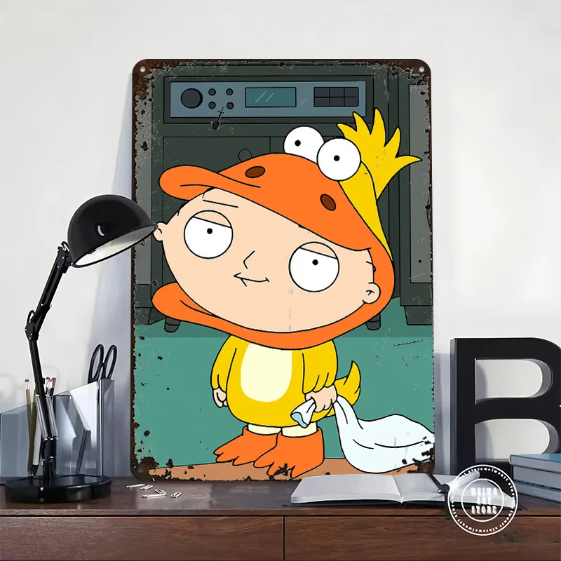 Stewie Griffin in Duck Costume 3D Printed Texture Poster Personalized Wall Art Retro Metal Tin Signs for Room Decoration Decor