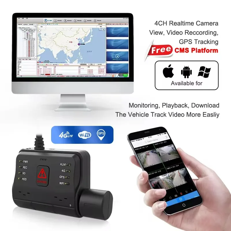 Wide Angle 4 Channel Front Wifi Cmsv6 3G 4G Lte Remote Monitoring G Sensor Gps 4G Dashcam