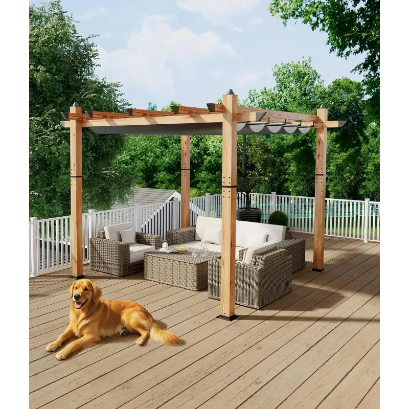 Wood-Grain Aluminum Pergola 10*10FT Outdoor Patio Gazebo with Retractable Canopy Waterproof Sun Shade Shelter for Garden