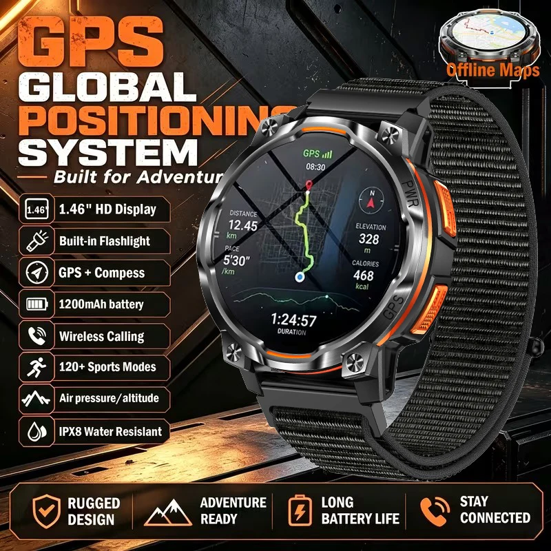 New Outdoor GPS Map Built-in 1200mAh Battery Smart Watch Compass Chat-GPT Bluetooth Call IPX8 Waterproof Sports Men Smartwatches