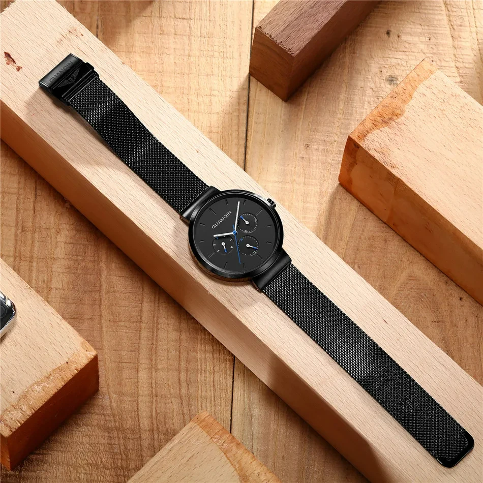 GUANQIN-reloj de cuarzo multifuncional para hombre, cronógrafo sencillo con correa de malla de acero inoxidable, a la moda, nuevo, 2024