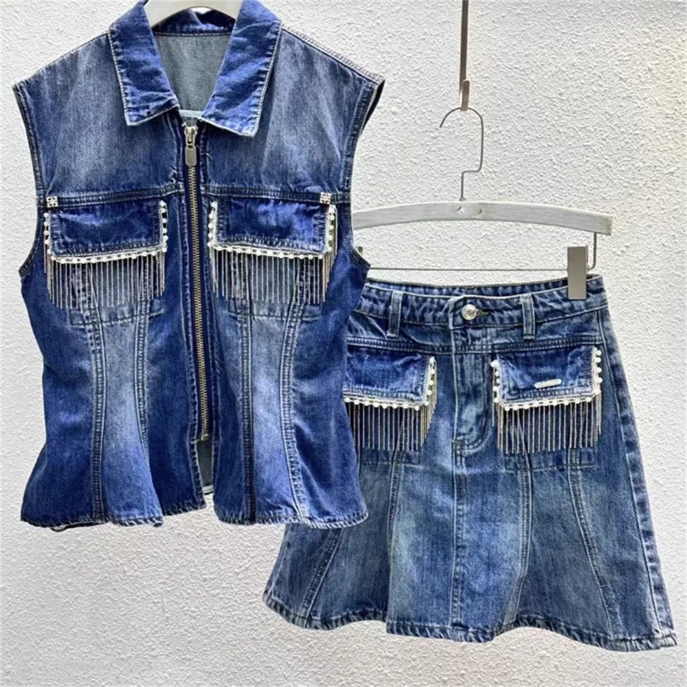 New pearl nail pocket fringed denim jacket zip + short skirt suit women