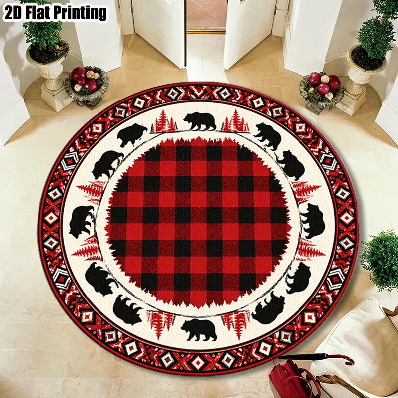 Tribal Border Circle Carpet Wild Black Bear Pine Tree Round Area Rug Non Slip Washable Red Check Plaid Bedroom Decoration