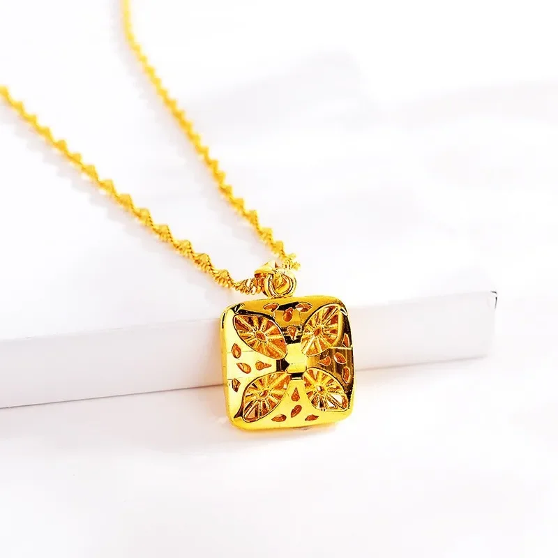 New AU999 Gold Necklace Pendant, 24K Pure Gold Square Hollow Pendant Ladies Fashion Jewelry Clavicle Chain for Girlfriend Gift