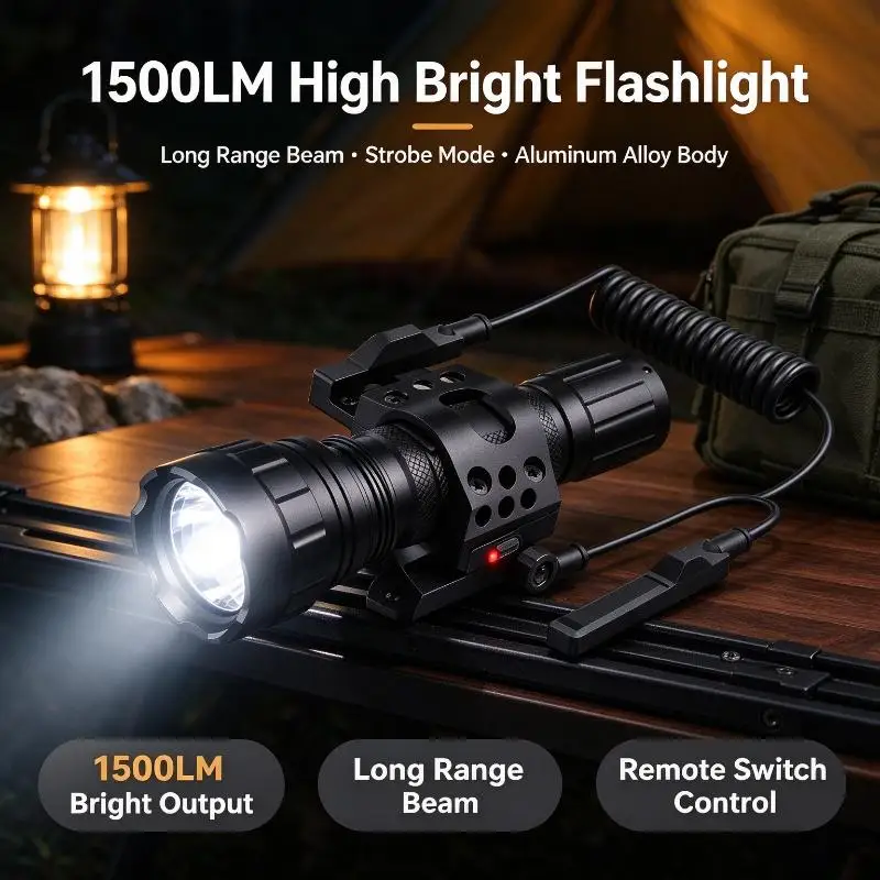 Ultra Bright 1500LM White Light Flashlight Strobe Mode Long Reach Beam Aluminum Alloy Outdoor Rail Mounted Lighting Torch