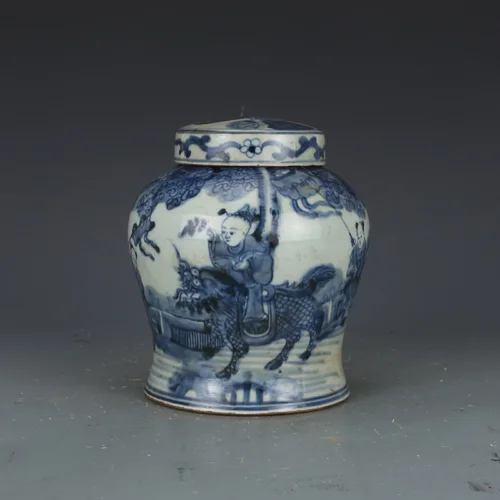 15cm Antique Chinese Ancient Ming Blue and White Porcelain Kirin Tank Jar