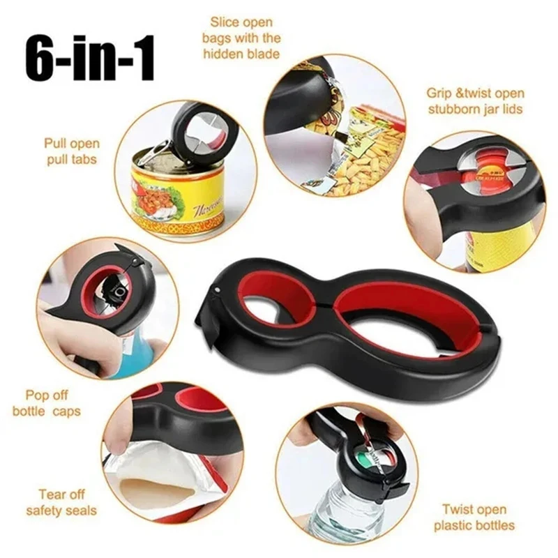 6 in 1 Multifunctional Can Bottle Opener Jar Lid Gripper Twist Off Cap Opener Durable Compact Practical Kitchen Home Tools