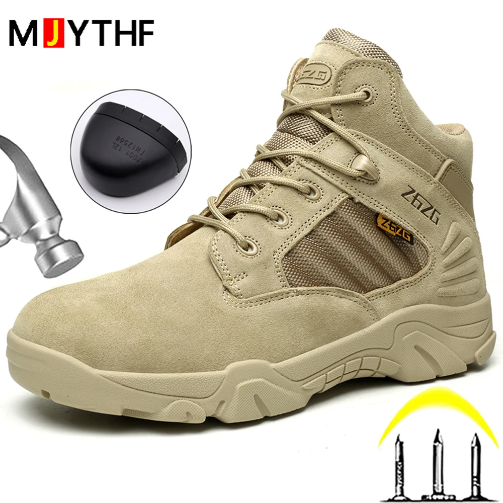 Men's Anti Smashing Anti Piercing Combat Boots Outdoor Desert Boots Wear-resistant Protective Work Boots Steel Toe Shoes Safety